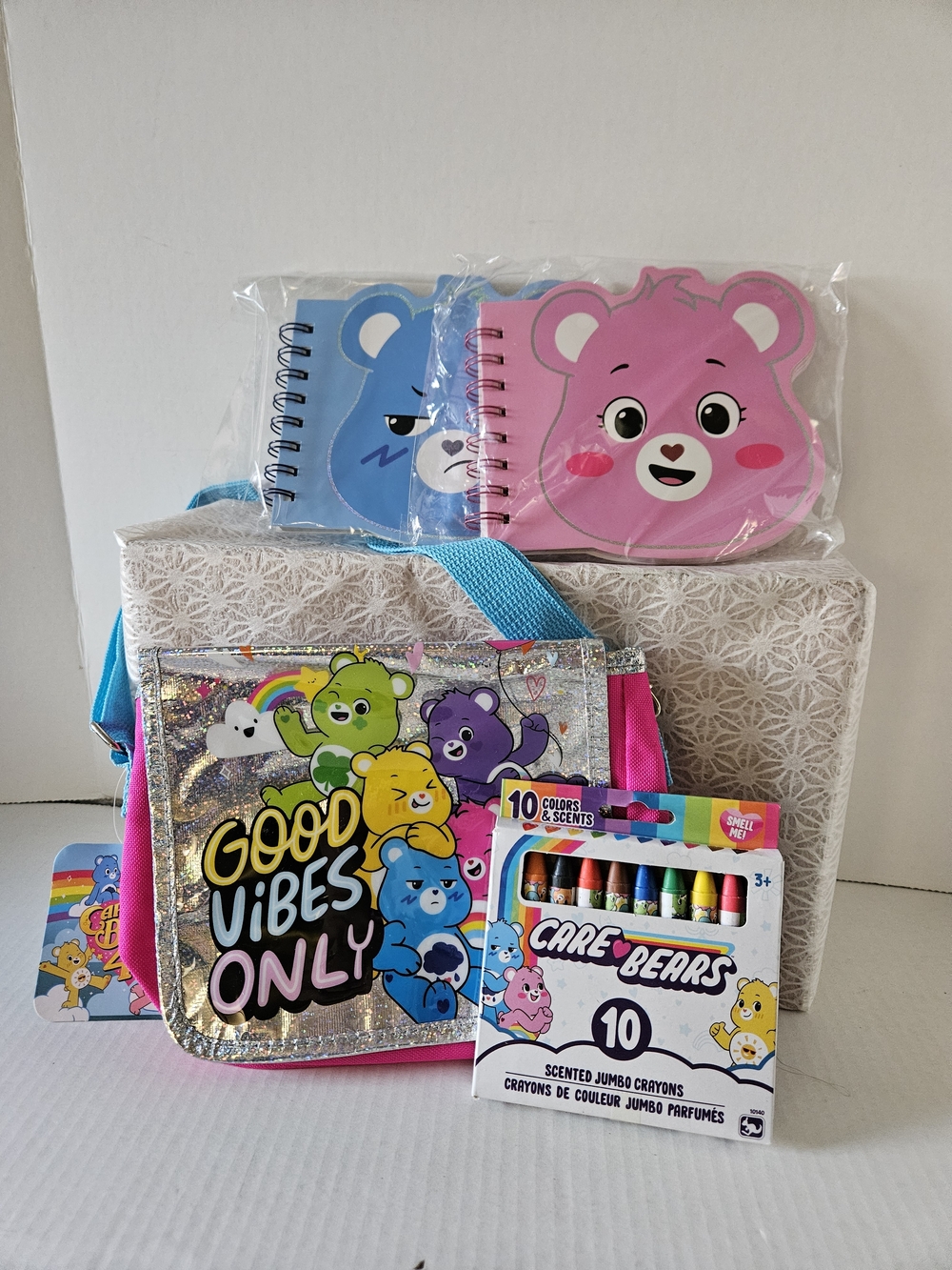 Care Bears Glitter Crossbody Bag With 2 Notebooks And Scented Crayons